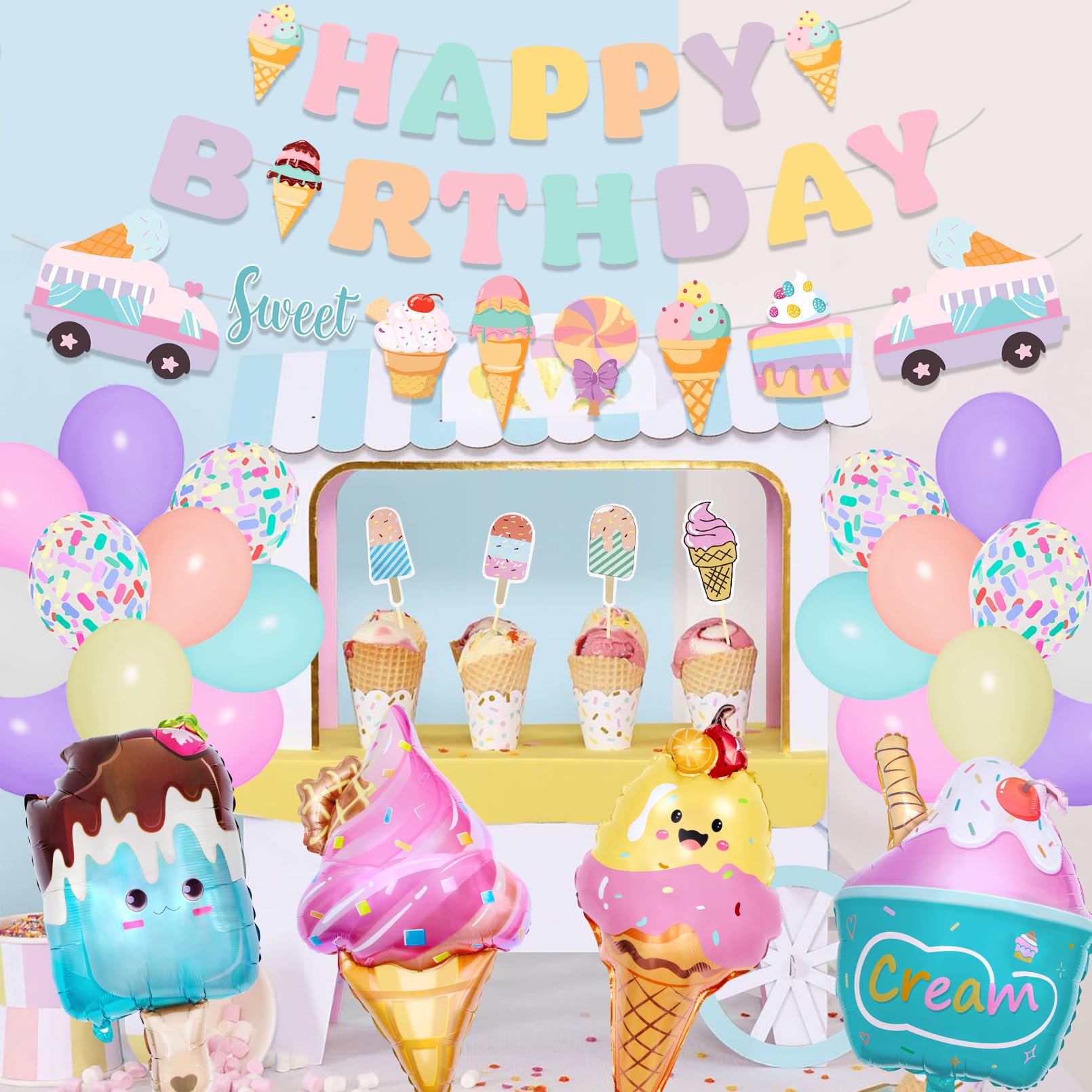 Ouddy Party 75Pcs Ice Cream Birthday Decorations for Girls – Pastel Balloon Arch Kit, Banners & Cupcake Toppers
