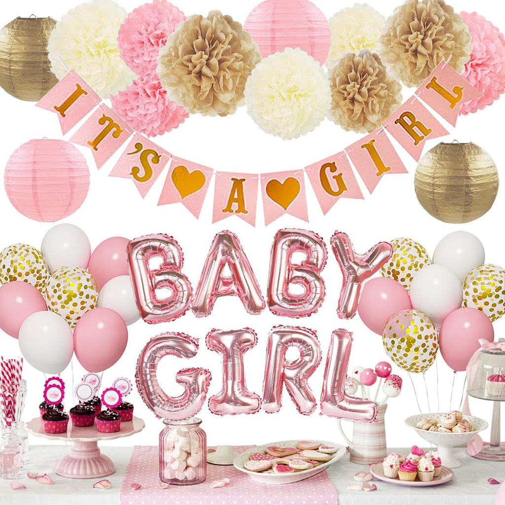 Ouddy Party Pink Baby Shower Decorations – It’s a Girl Banner, Pink Gold Balloons