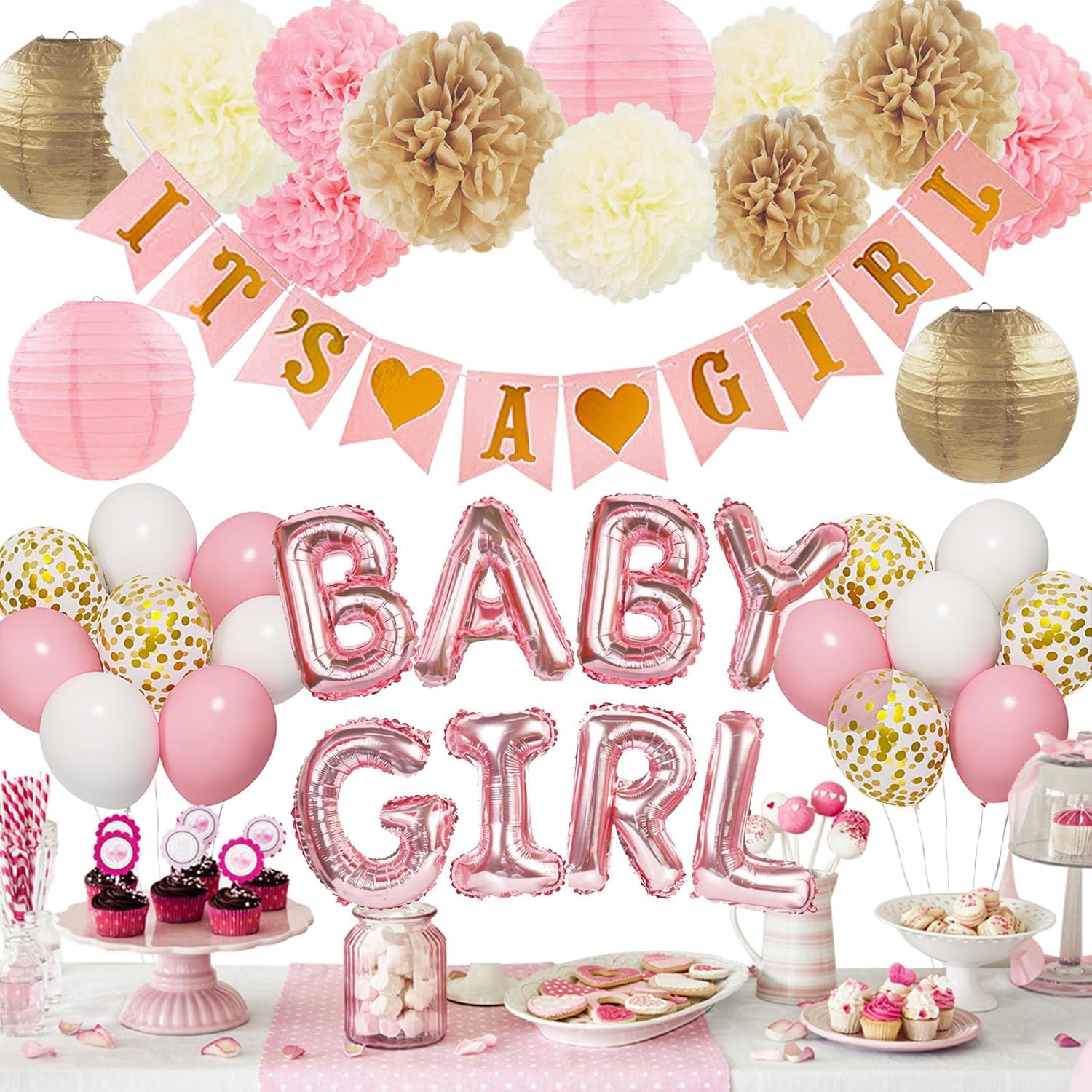 Ouddy Party Pink Baby Shower Decorations – It’s a Girl Banner, Pink Gold Balloons
