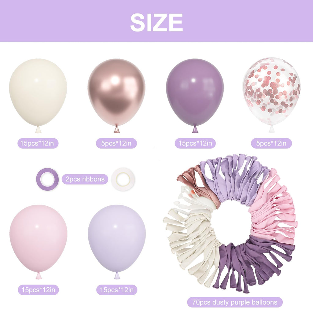 Ouddy Party 72pcs Dusty Purple Balloons Set — 12in Latex with Pink, White Sand, Lavender Confetti & Metallic Accents