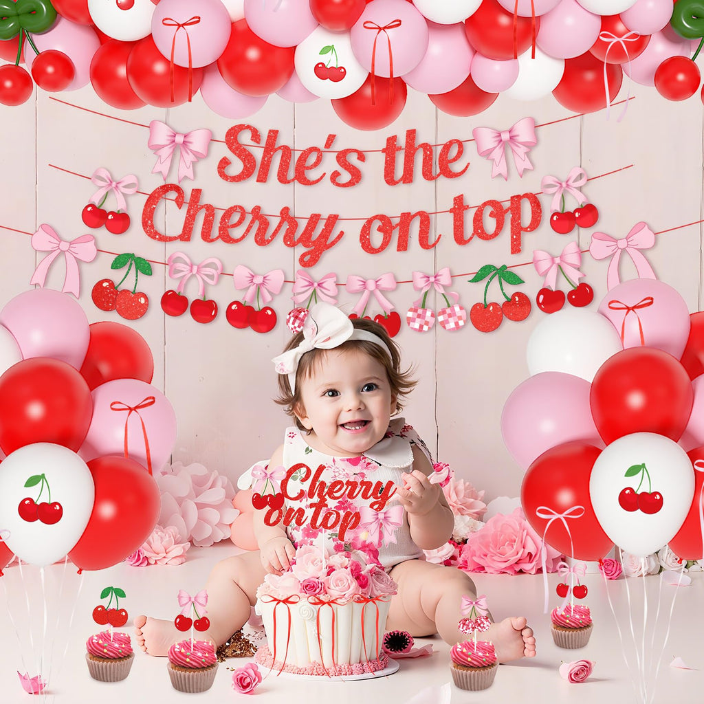 Ouddy Party Cherry Party Decorations – She's The Cherry On Top Banner, Balloons & Toppers