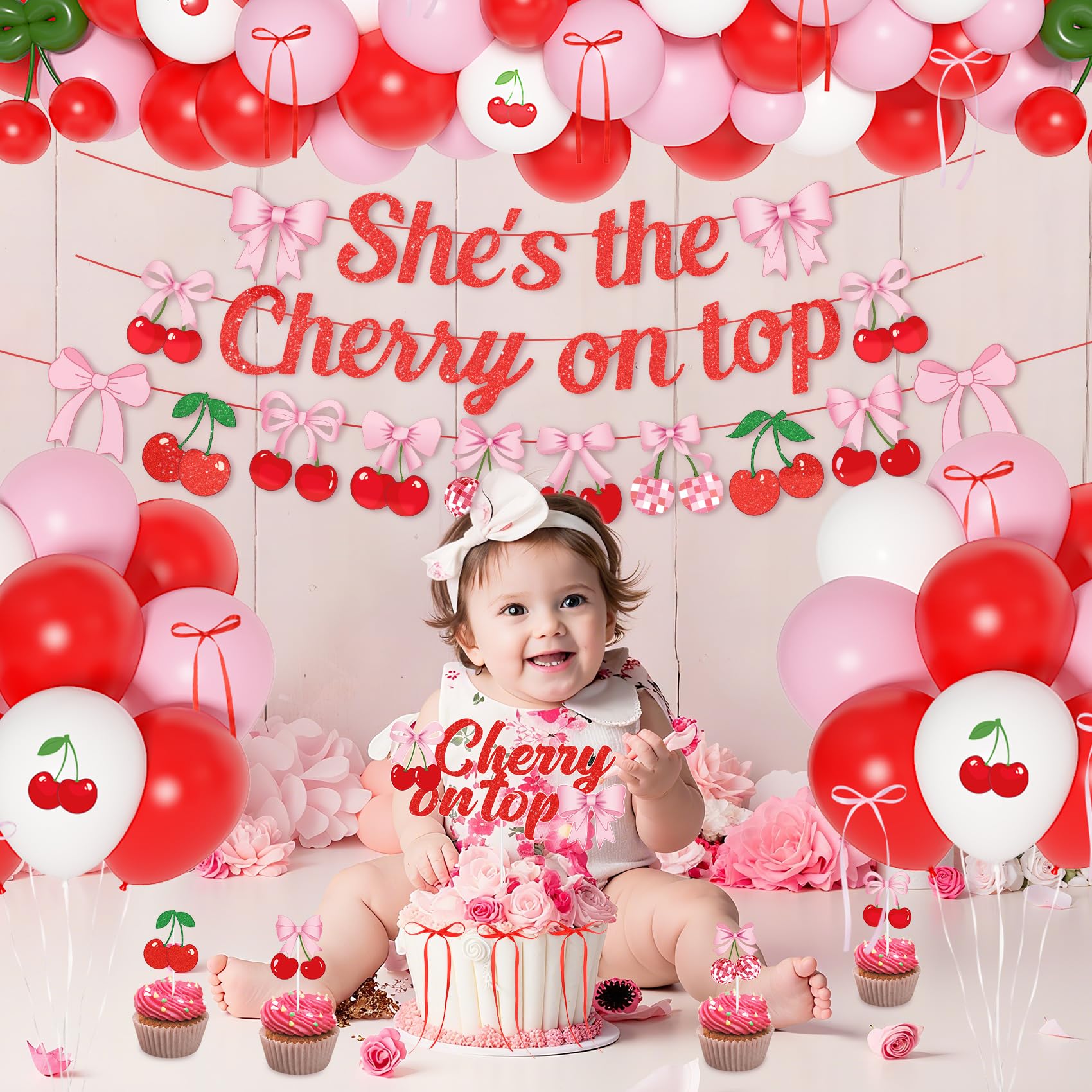 Ouddy Party Cherry Party Decorations – She's The Cherry On Top Banner, Balloons & Toppers