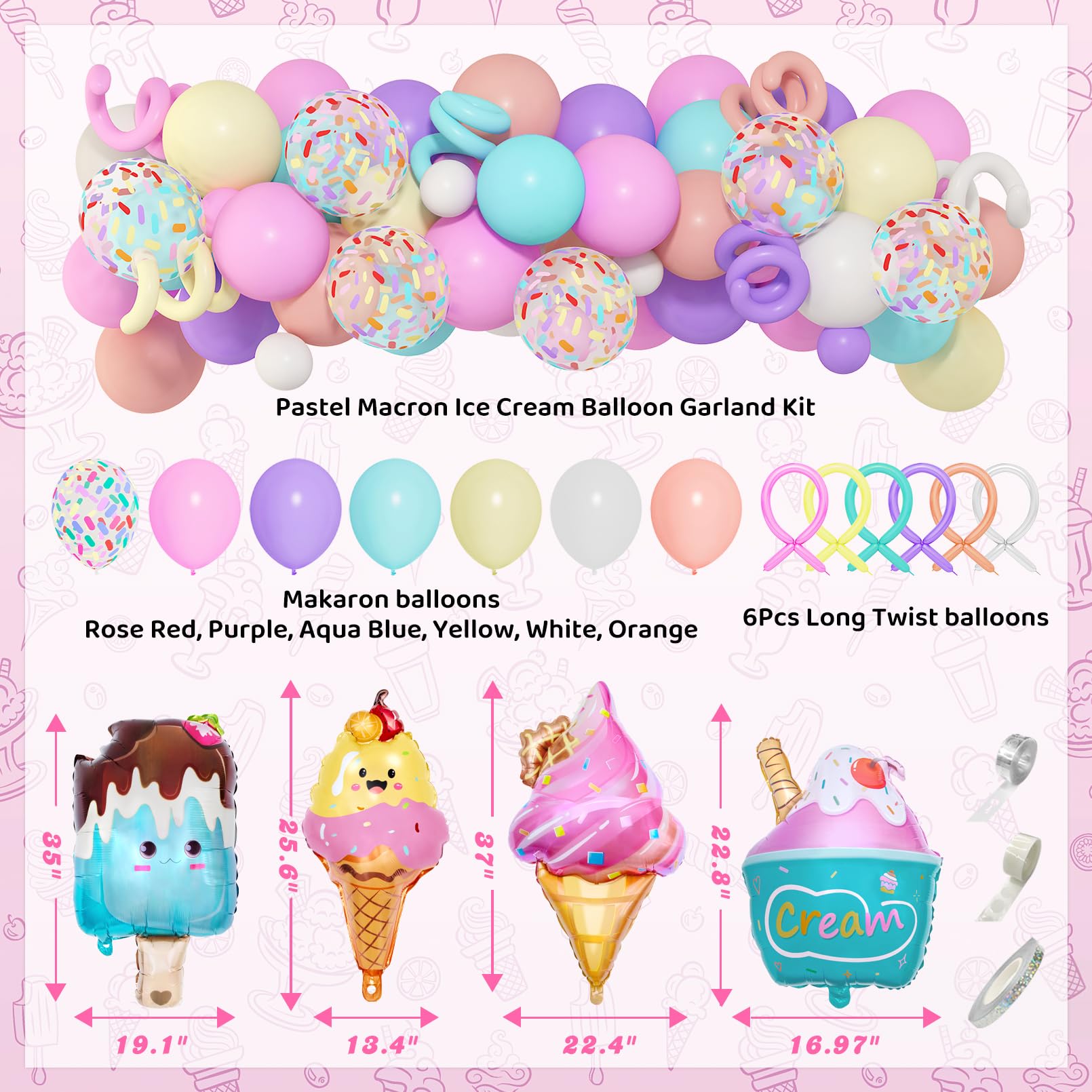 Ouddy Party 75Pcs Ice Cream Birthday Decorations for Girls – Pastel Balloon Arch Kit, Banners & Cupcake Toppers