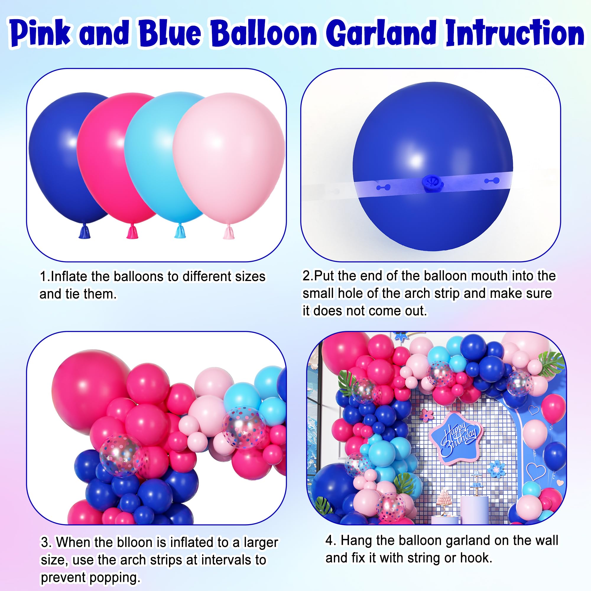 Ouddy Party 170Pcs Blue & Pink Balloons Arch Garland Kit – Royal Blue, Light Blue & Hot Pink Confetti Balloons