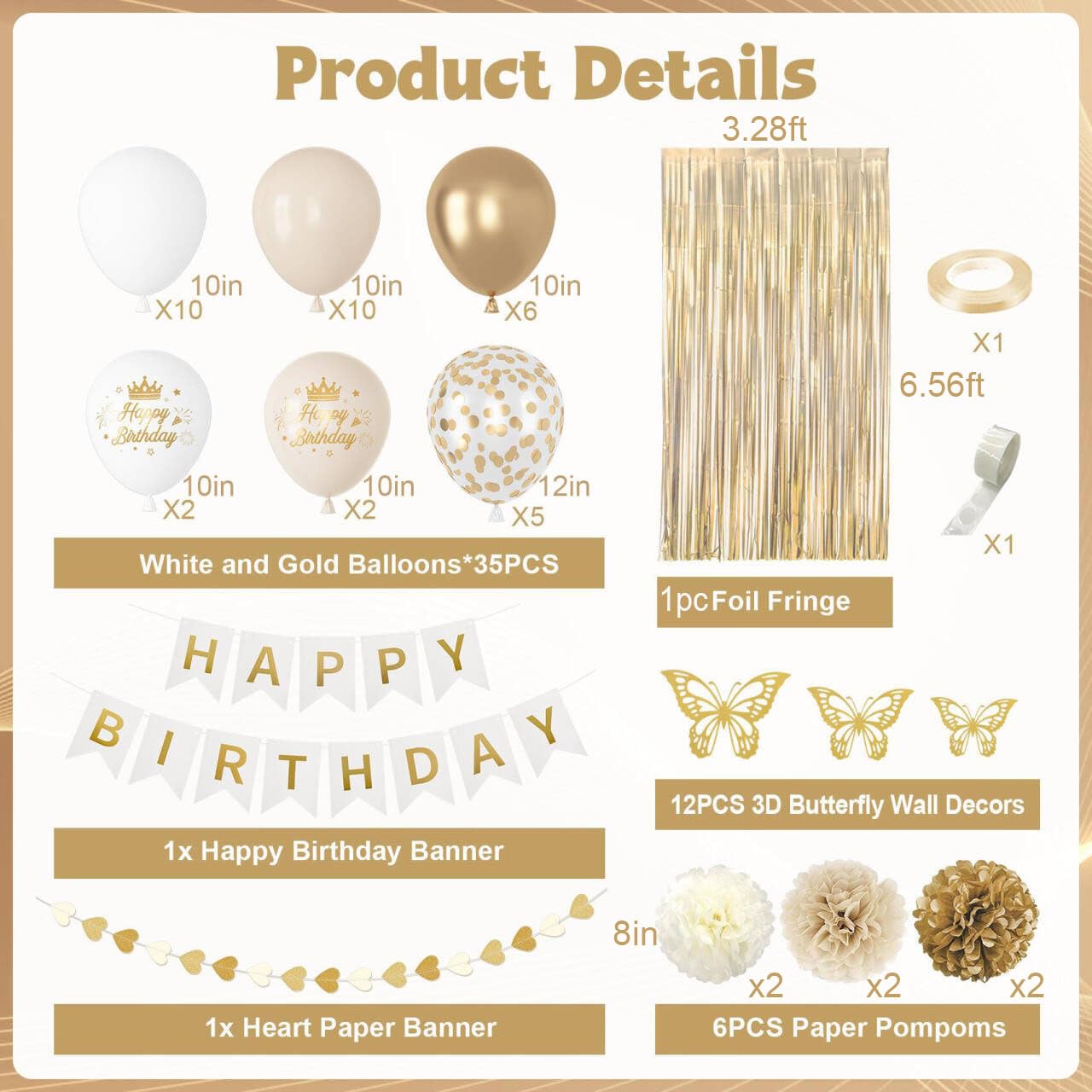 Ouddy Party White & Gold Birthday Decorations Kit — Confetti Balloons, Fringe Curtain, Banners