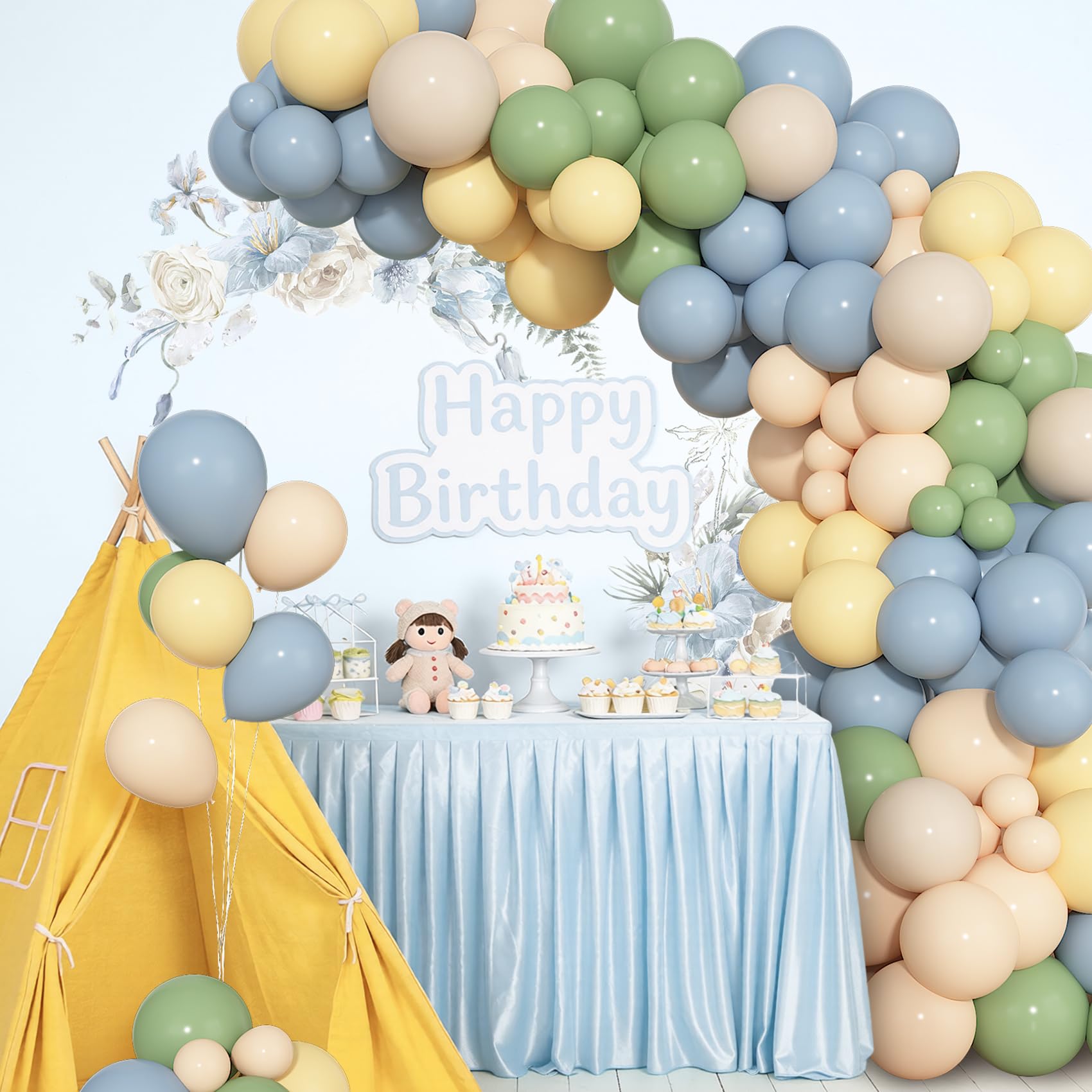 Ouddy Party 72pcs Green Dusty Blue Yellow Balloons Set – 12in Sage Green, Dusty Blue, Pastel Yellow, White Sand, Nude