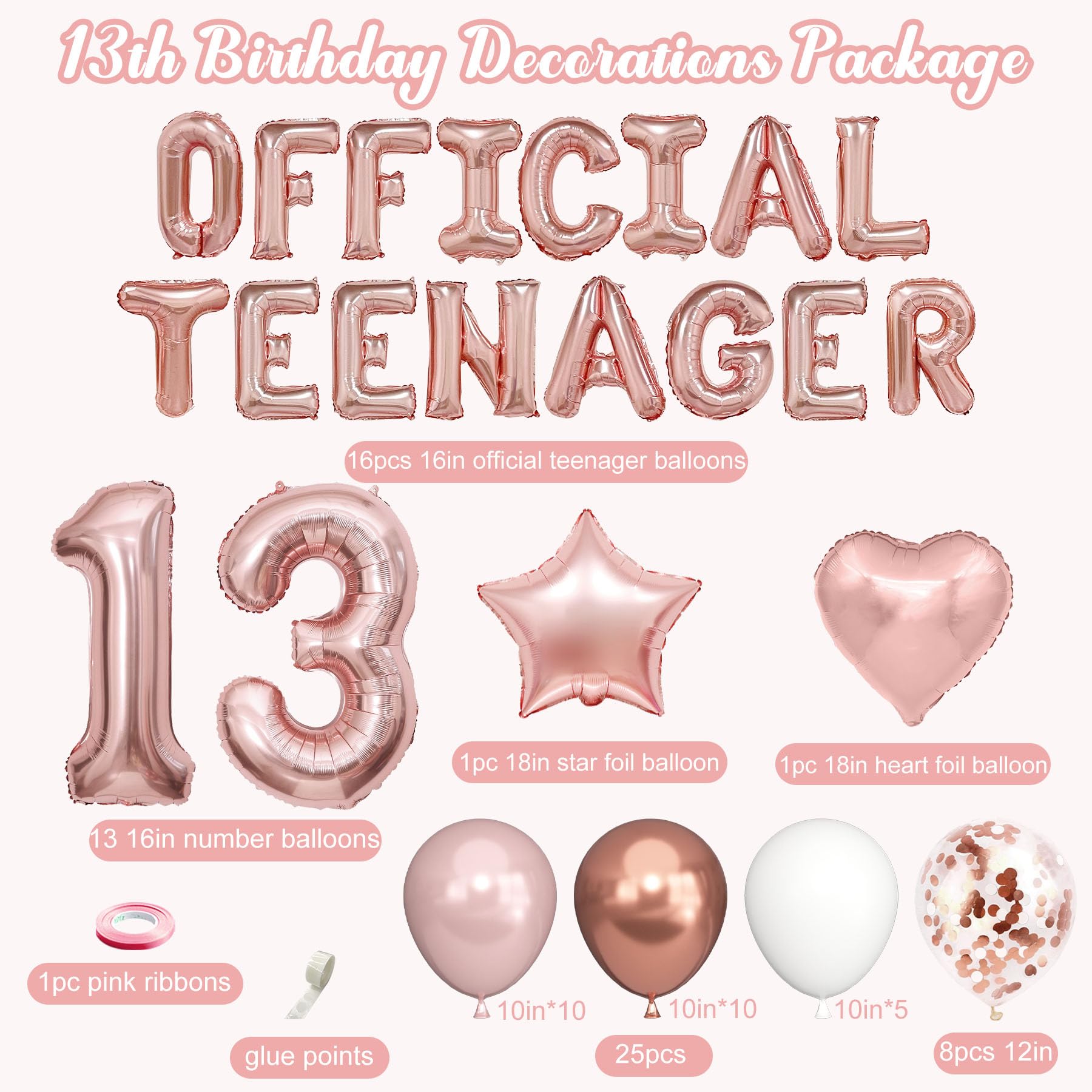 Ouddy Party 13th Birthday Decorations for Girls – Rose Gold Teenager Set