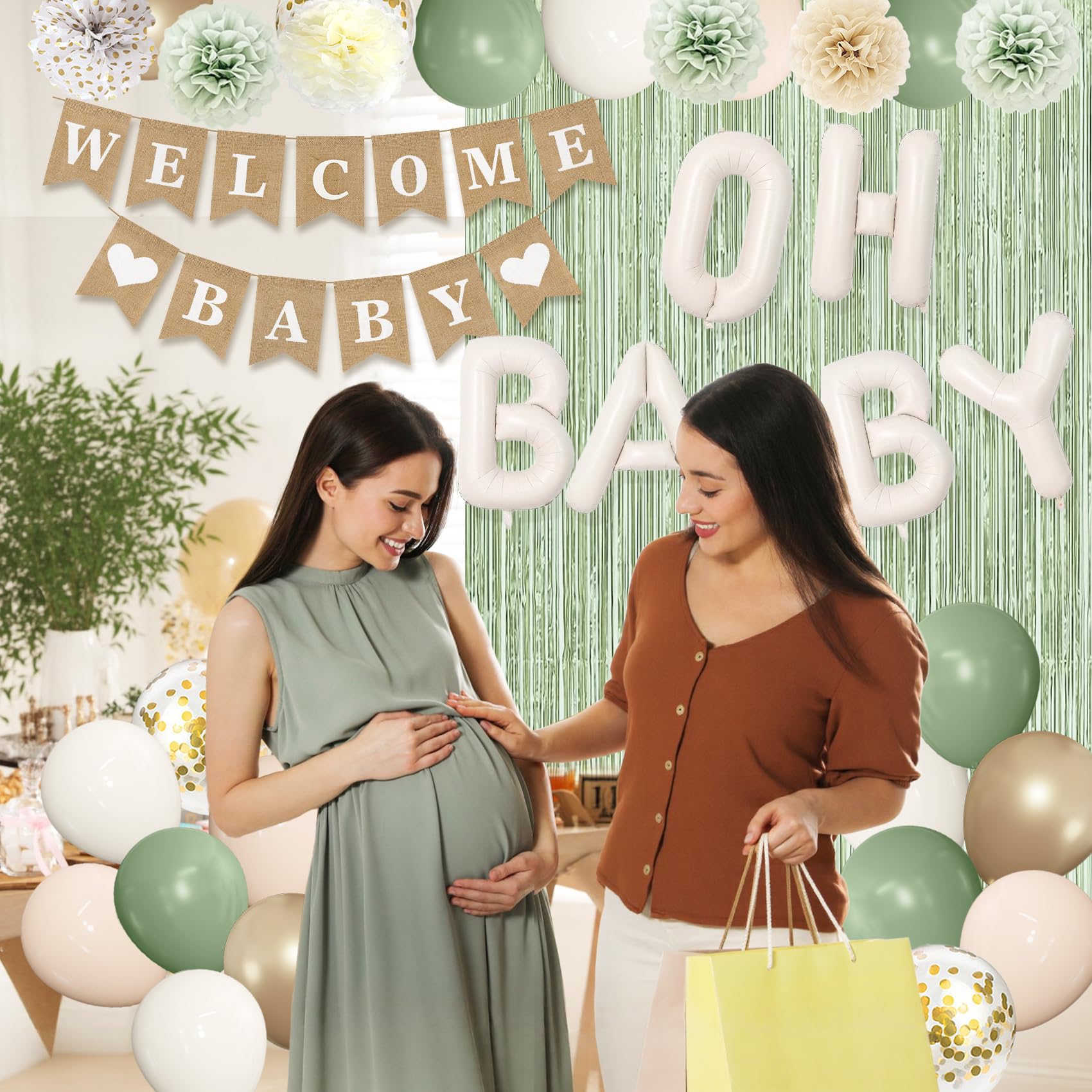 Ouddy Party Sage Green Baby Shower Decorations – Green Balloons, Welcome Baby Banner & Fringe Curtains