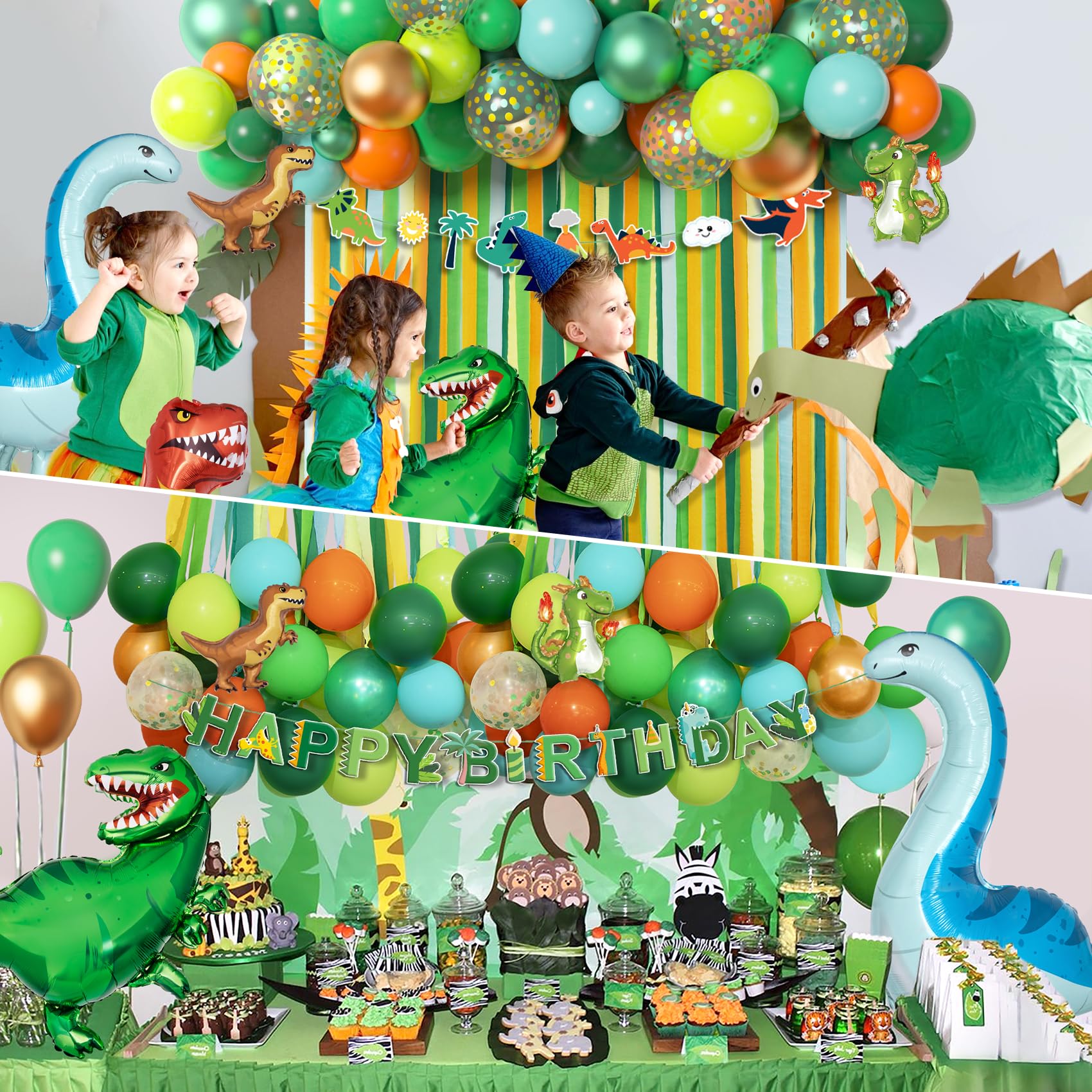 Ouddy Party Dinosaur Birthday Decorations Kit — Banner, Arch, Foil Balloons & Crepe Streamers