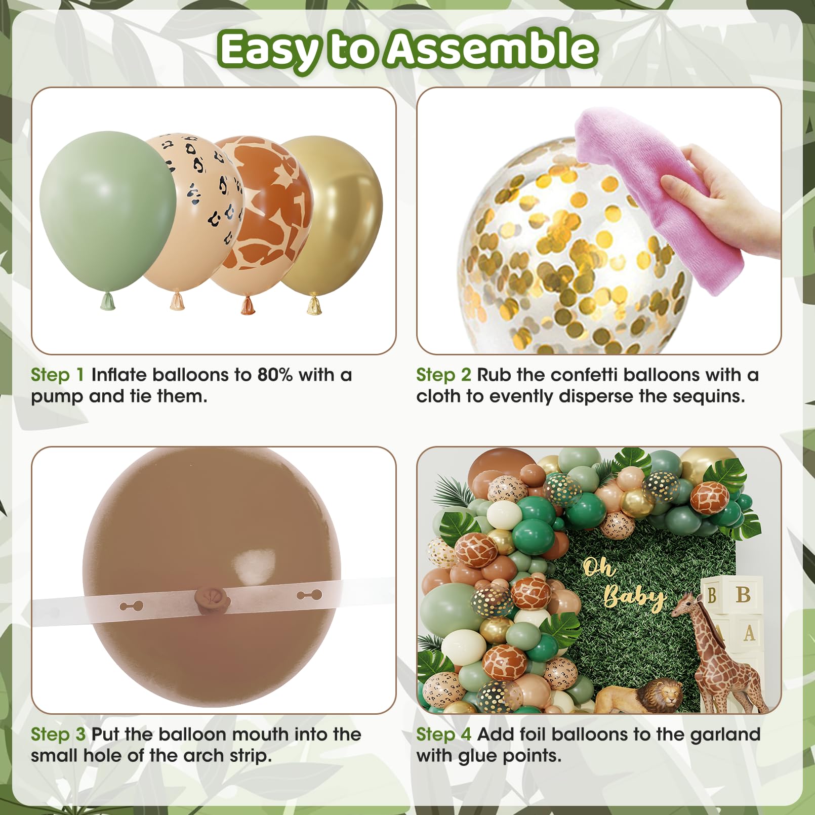 Ouddy Party 170Pcs Jungle Safari Balloons Arch Garland Kit – Sage Green & Brown Animal Print, Palm Leaves for Baby Shower & Jungle Theme