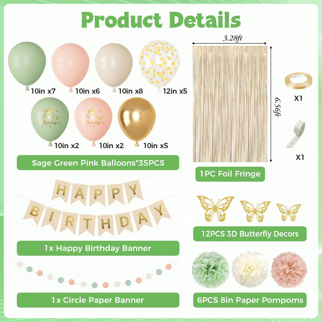 Ouddy Party Pink & Sage Green Birthday Decorations – Balloons & Banners
