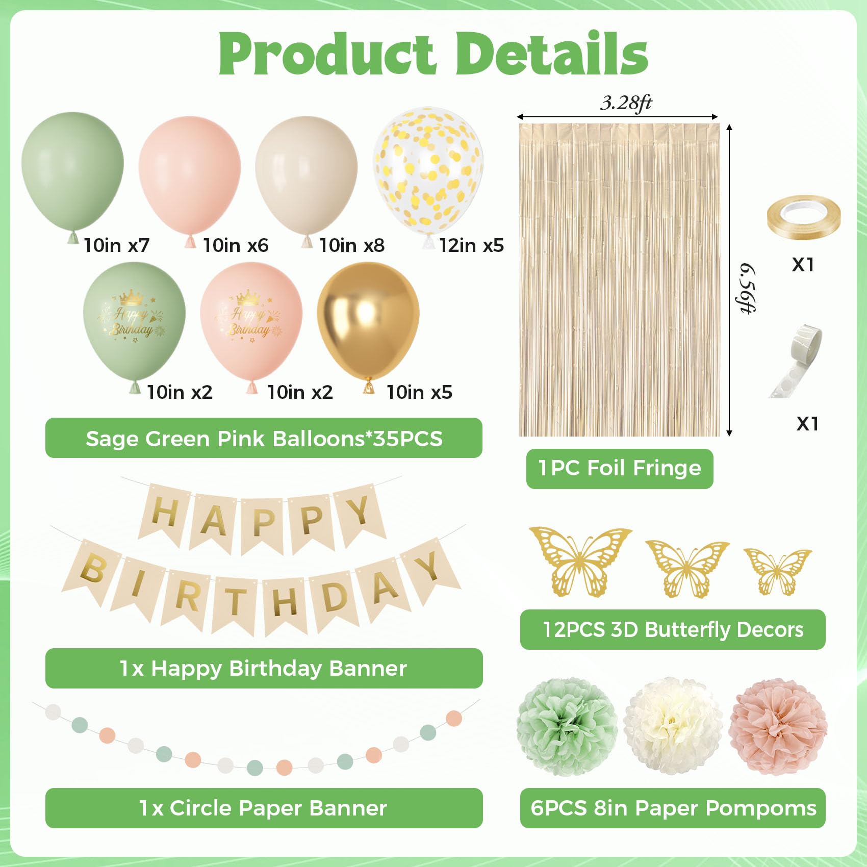 Ouddy Party Pink & Sage Green Birthday Decorations – Balloons & Banners