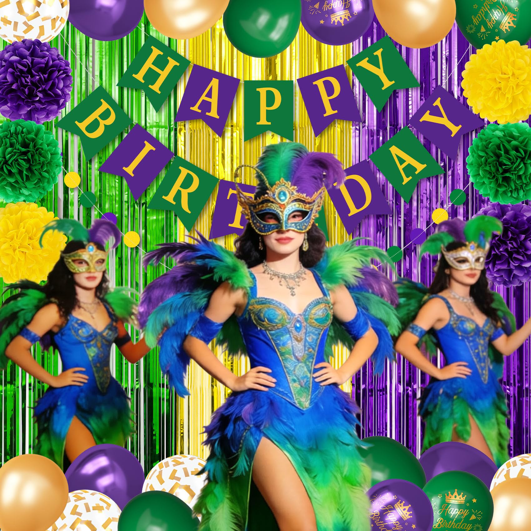 Ouddy Party Purple Green Decor Set – Confetti Balloons, Fringe Curtain & Birthday Banner