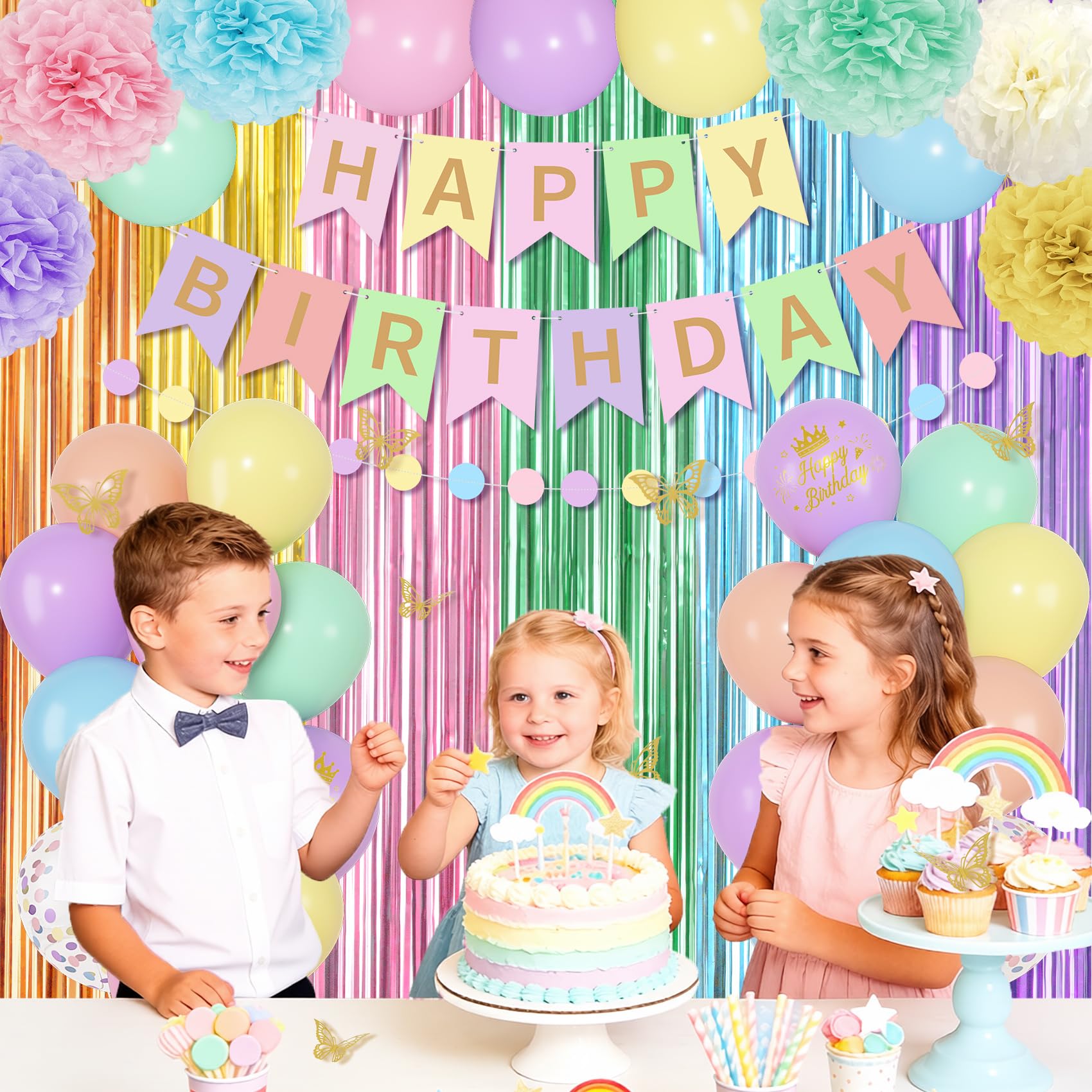 Ouddy Party Pastel Rainbow Birthday Decorations | Confetti Balloons, Fringe Curtain & Banners