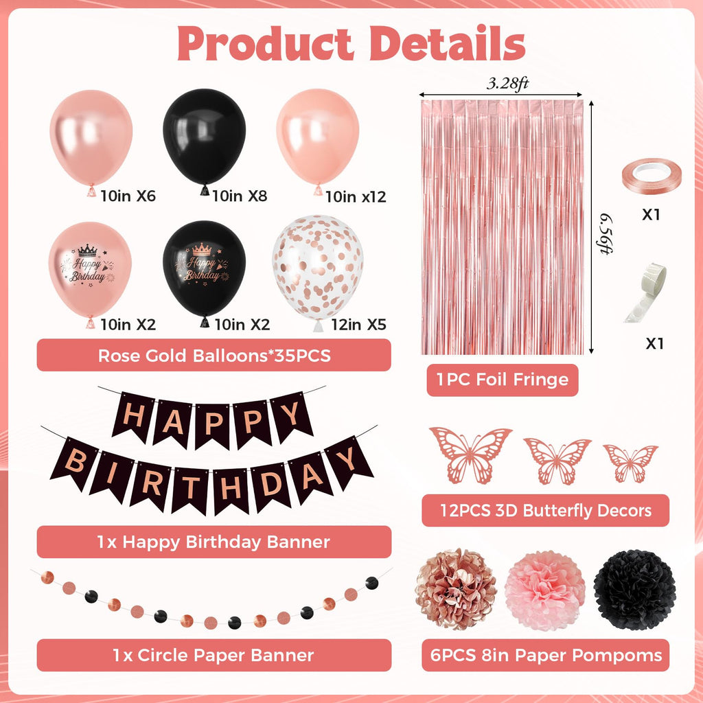 Ouddy Party Rose Gold & Black Birthday Decorations for Women & Girls | Balloons, Banners & Fringe Curtain