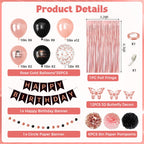 Ouddy Party Rose Gold & Black Birthday Decorations for Women & Girls | Balloons, Banners & Fringe Curtain