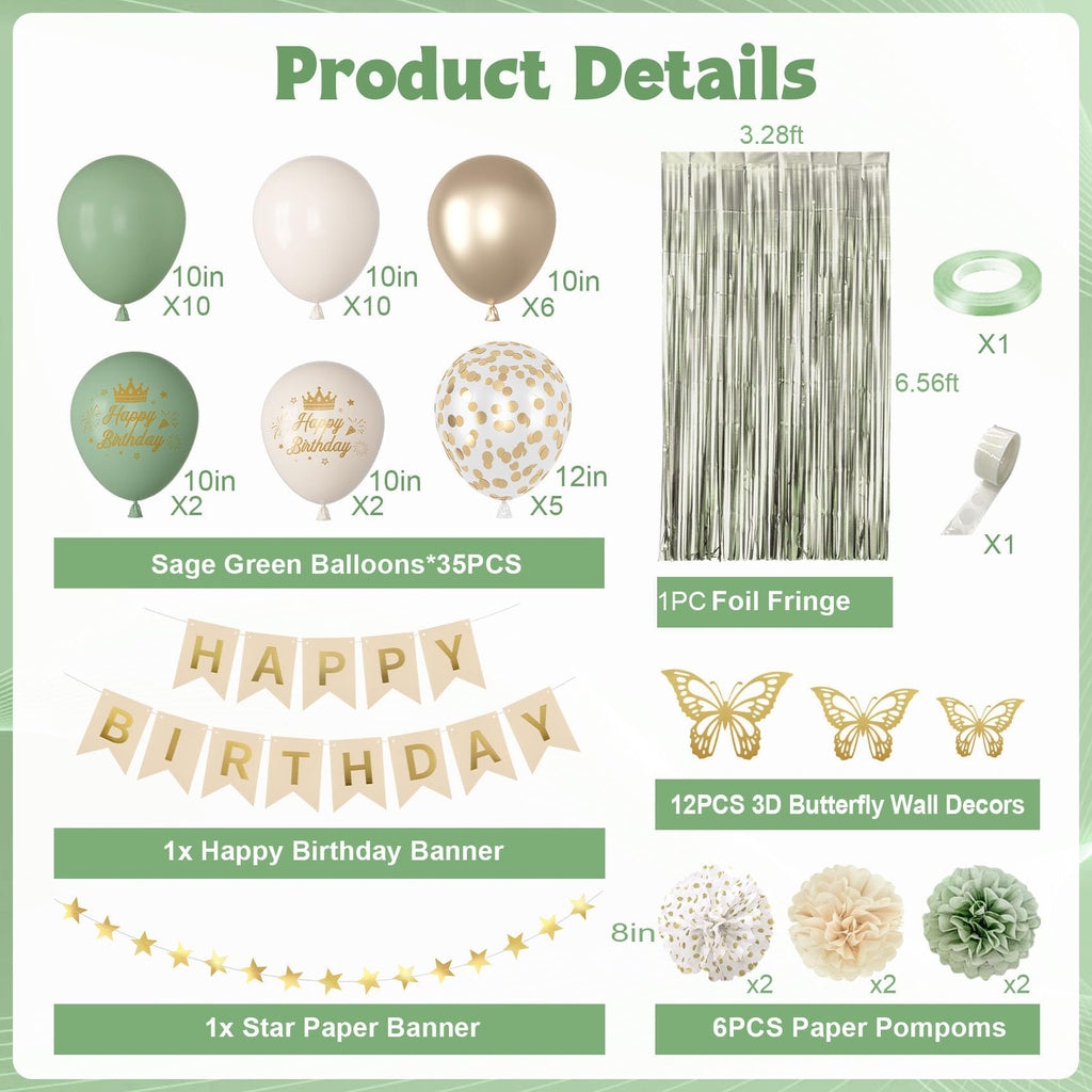 Ouddy Party Sage Green Birthday Decorations – Confetti Balloons, Fringe Curtain & More