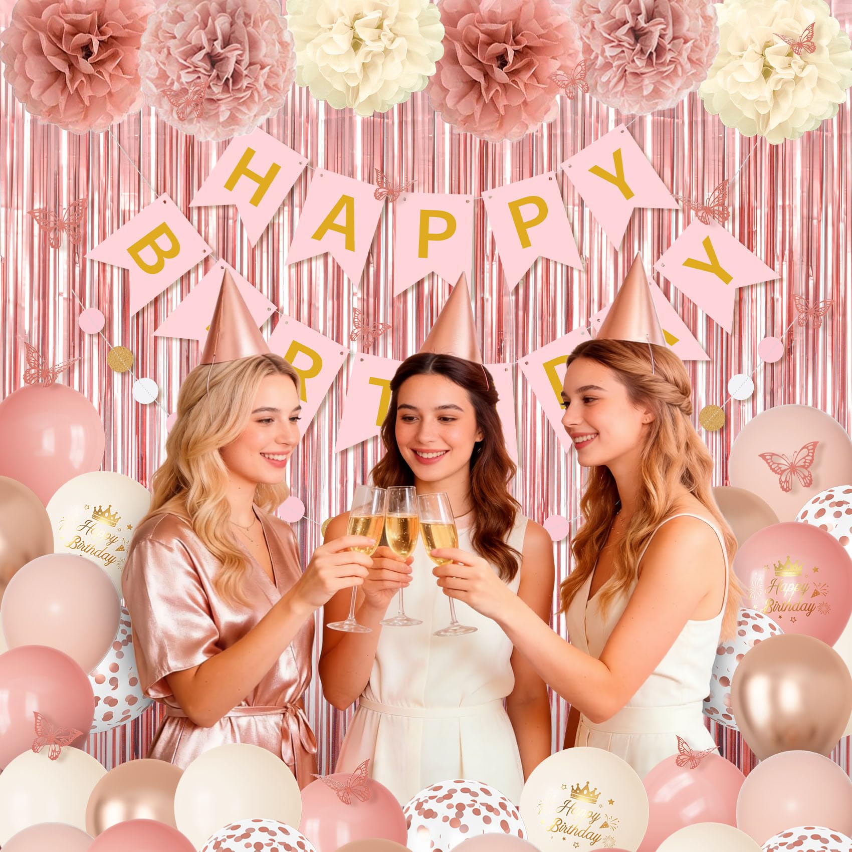 Ouddy Party Pink Decorations for Women & Girls – Dusty Pink Balloons & Rose Gold Fringe