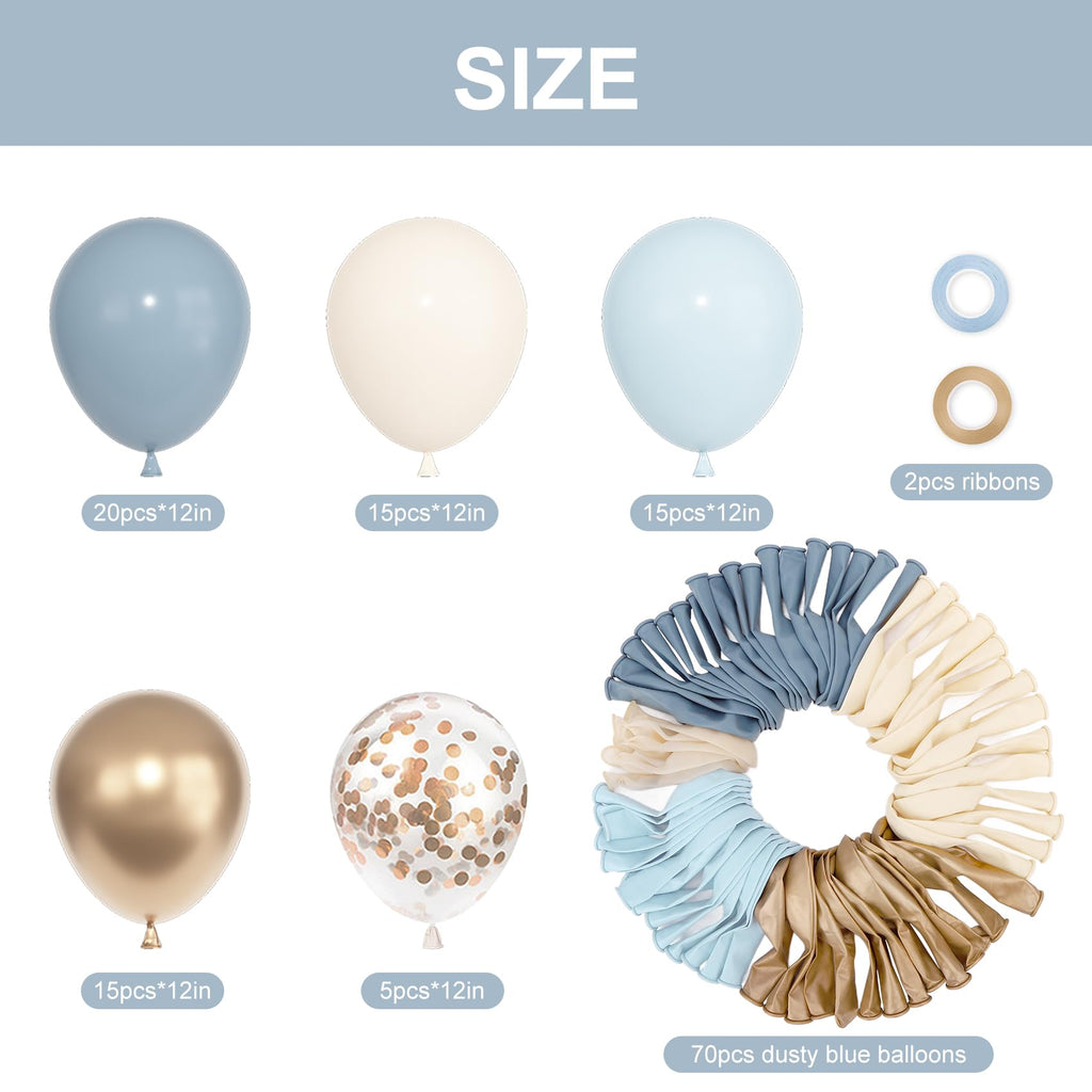 Ouddy Party 72pcs Dusty Blue & Gold Balloons Set – 12in Latex Confetti & Pastel Mix