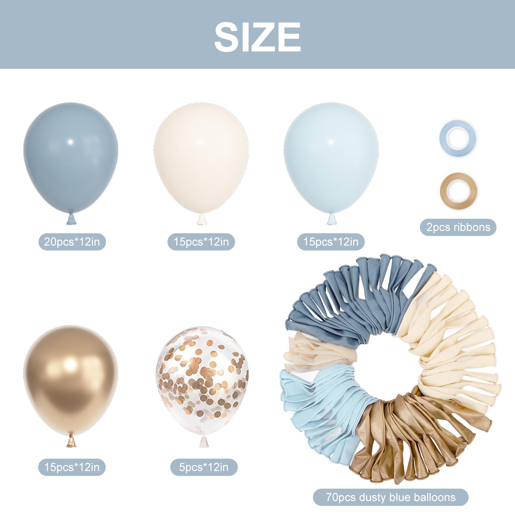 Ouddy Party 72pcs Dusty Blue & Gold Balloons Set – 12in Latex Confetti & Pastel Mix