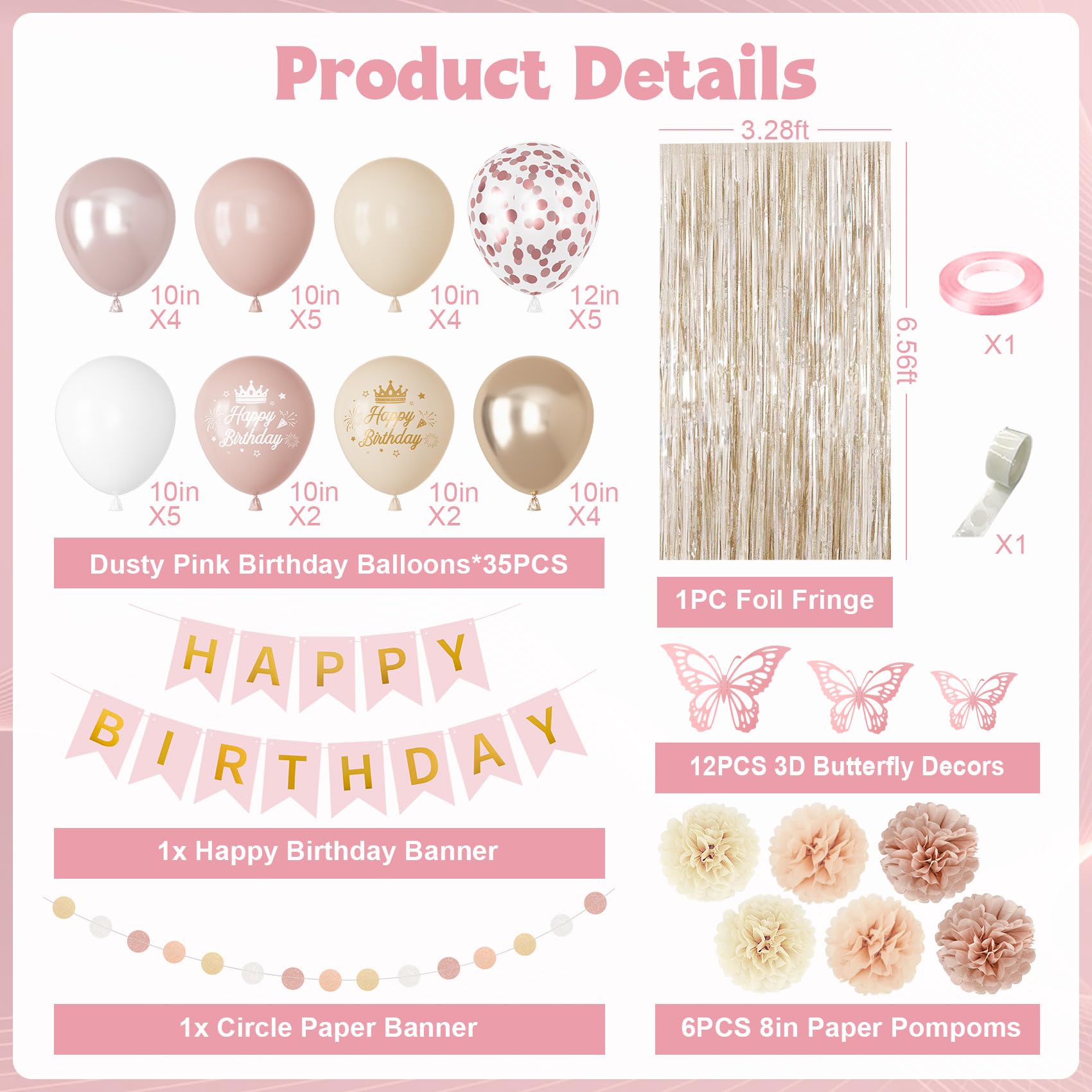 Ouddy Party Boho Dusty Pink Birthday Decorations | Balloons, Fringe Curtain, Banners & Pompoms