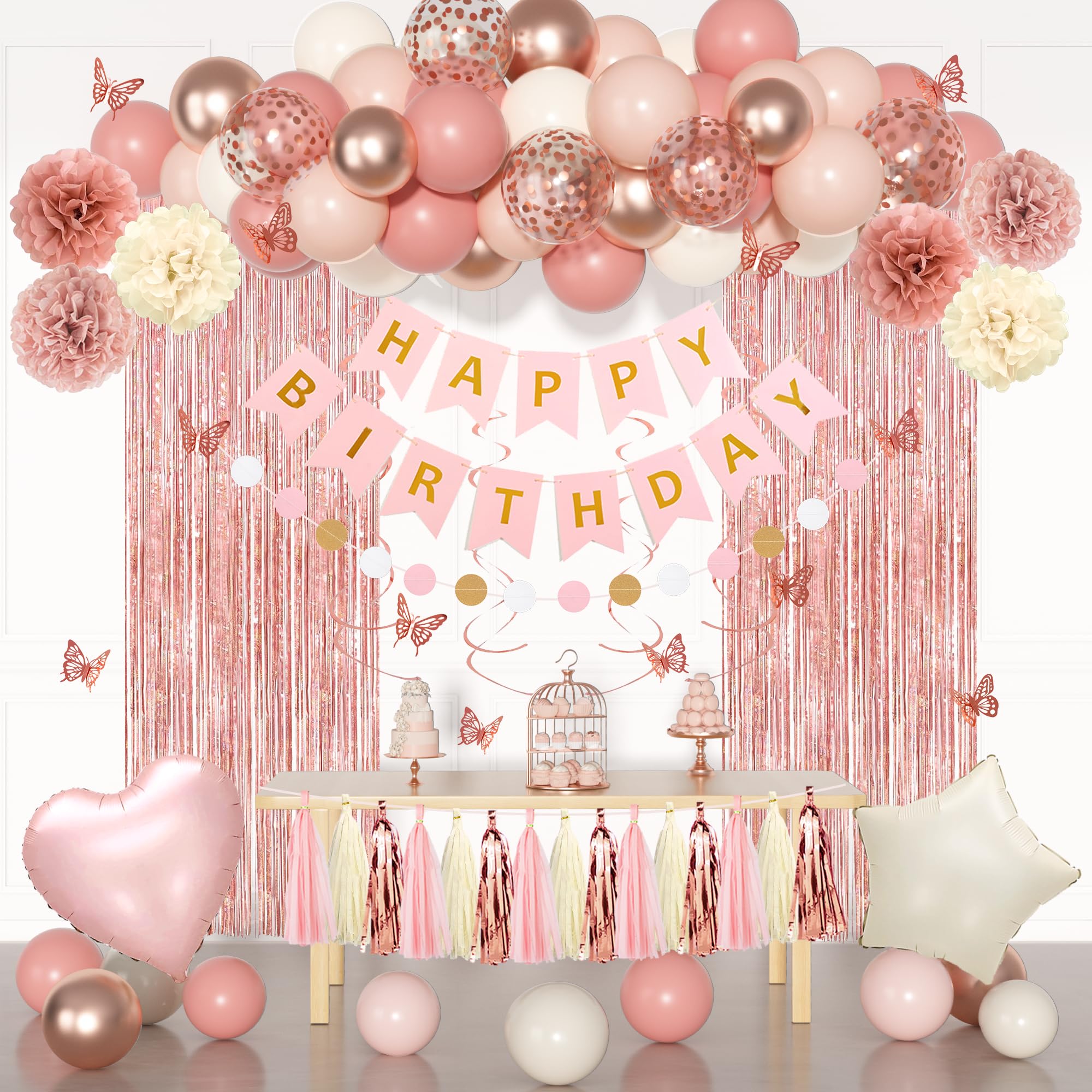 Ouddy Party Pink Birthday Decorations – Dusty Pink & Rose Gold Balloons & Banner Set