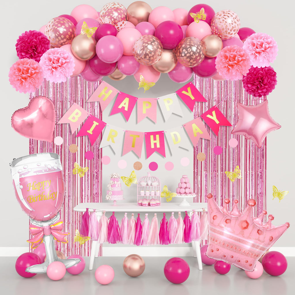 Ouddy Party Pink Birthday Decorations Kit for Women & Girls – Hot Pink, Rose Gold Balloons & Fringe Curtain