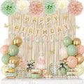 Ouddy Party Pink & Sage Green Birthday Decorations – Balloons & Banners