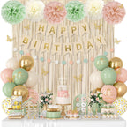 Ouddy Party Pink & Sage Green Birthday Decorations – Balloons & Banners