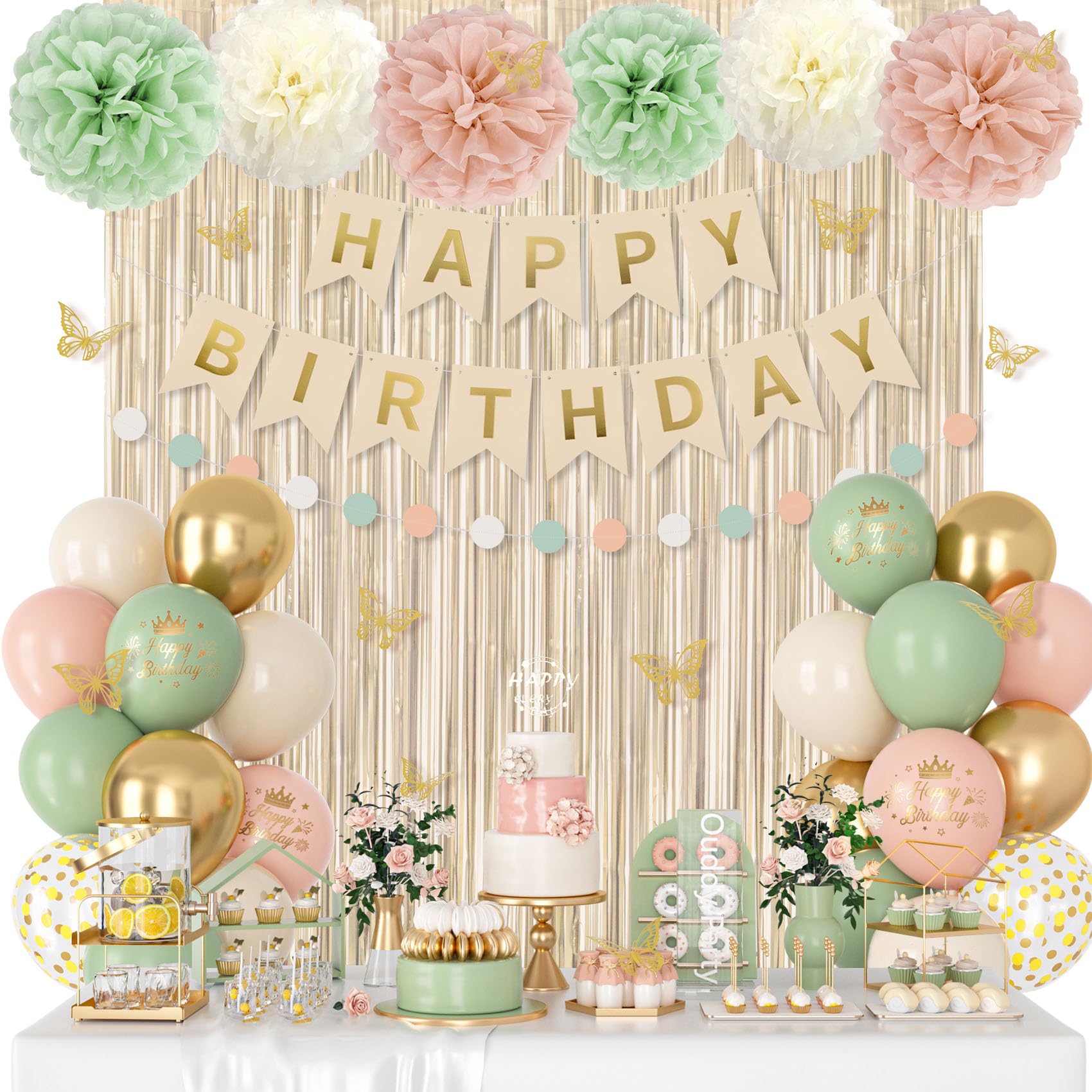 Ouddy Party Pink & Sage Green Birthday Decorations – Balloons & Banners