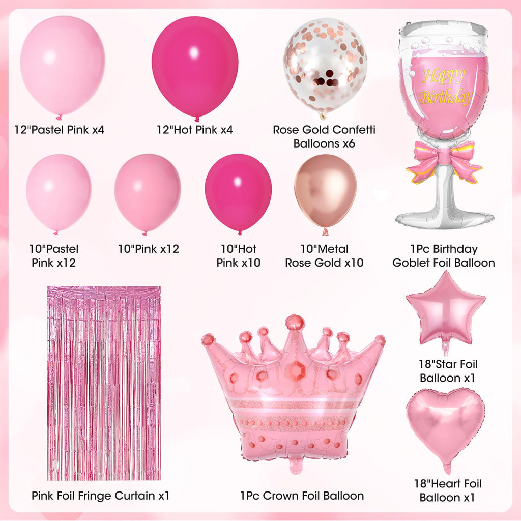 Ouddy Party Pink Birthday Decorations Kit for Women & Girls – Hot Pink, Rose Gold Balloons & Fringe Curtain