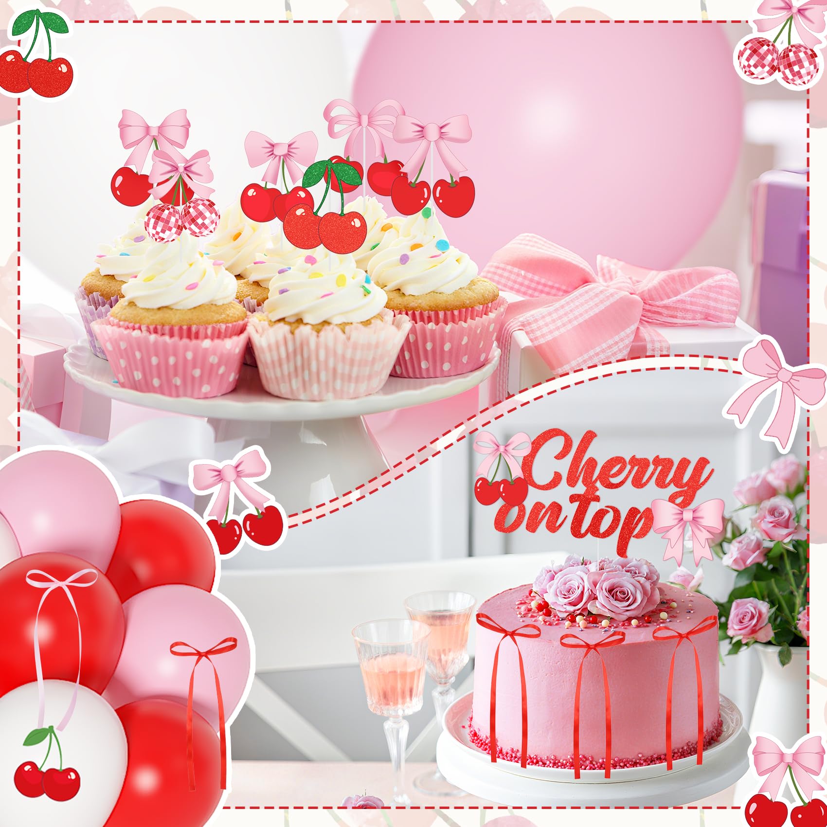 Ouddy Party Cherry Party Decorations – She's The Cherry On Top Banner, Balloons & Toppers