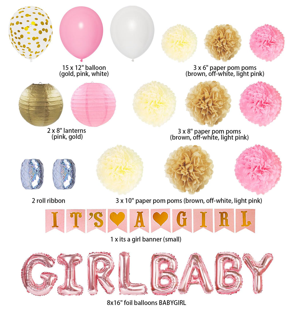 Ouddy Party Pink Baby Shower Decorations – It’s a Girl Banner, Pink Gold Balloons