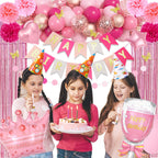 Ouddy Party Pink Birthday Decorations Kit for Women & Girls – Hot Pink, Rose Gold Balloons & Fringe Curtain