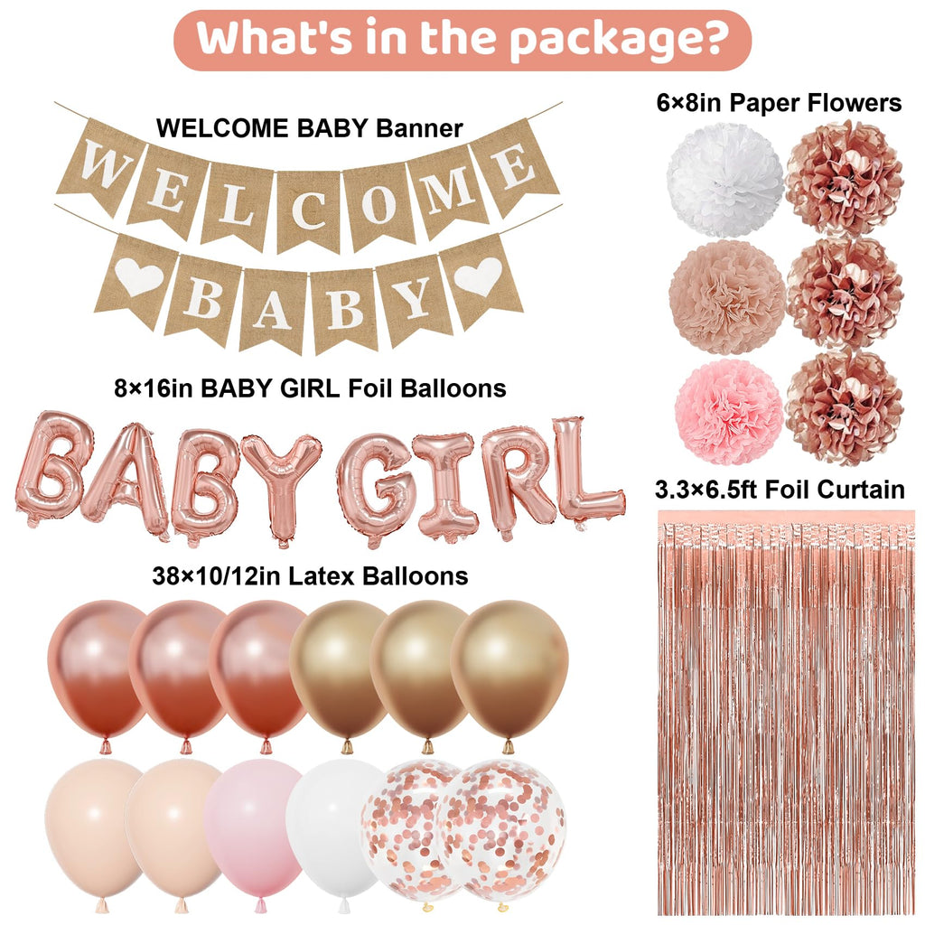 Ouddy Party Rose Gold Baby Shower Decorations – Banner, Balloons & Fringes