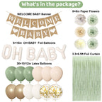 Ouddy Party Sage Green Baby Shower Decorations – Green Balloons, Welcome Baby Banner & Fringe Curtains