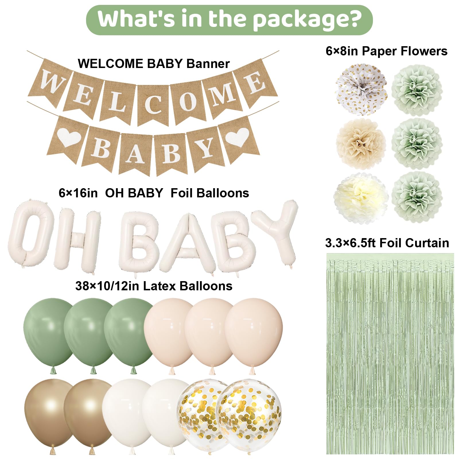 Ouddy Party Sage Green Baby Shower Decorations – Green Balloons, Welcome Baby Banner & Fringe Curtains