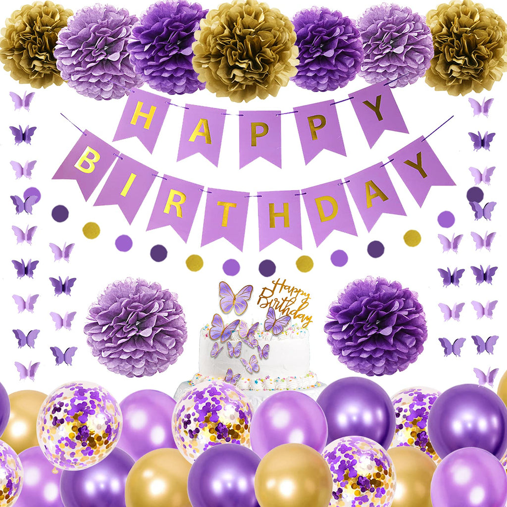 Ouddy Party Purple Birthday Decorations Kit – Butterfly Garland, Banner, Balloons