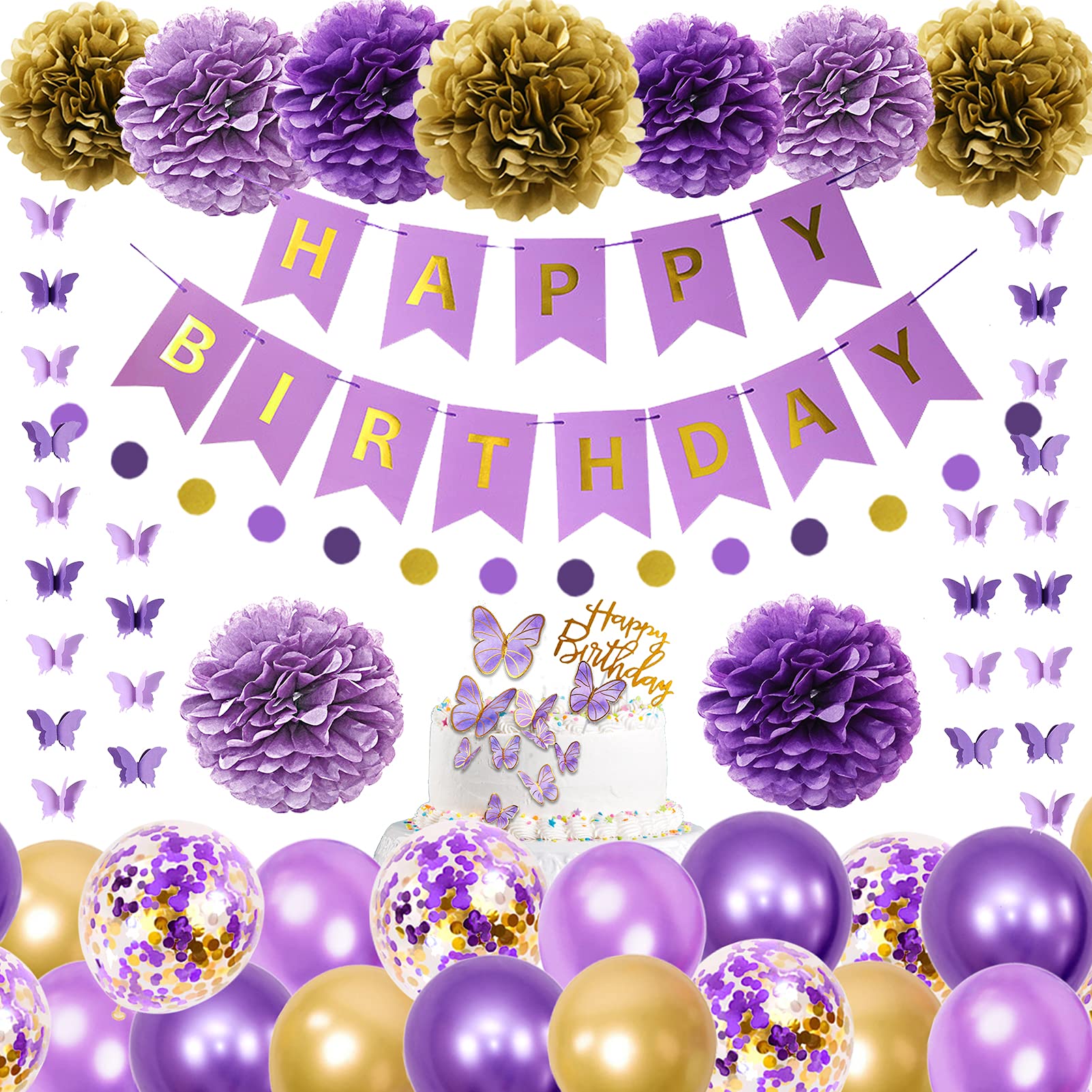 Ouddy Party Purple Birthday Decorations Kit – Butterfly Garland, Banner, Balloons