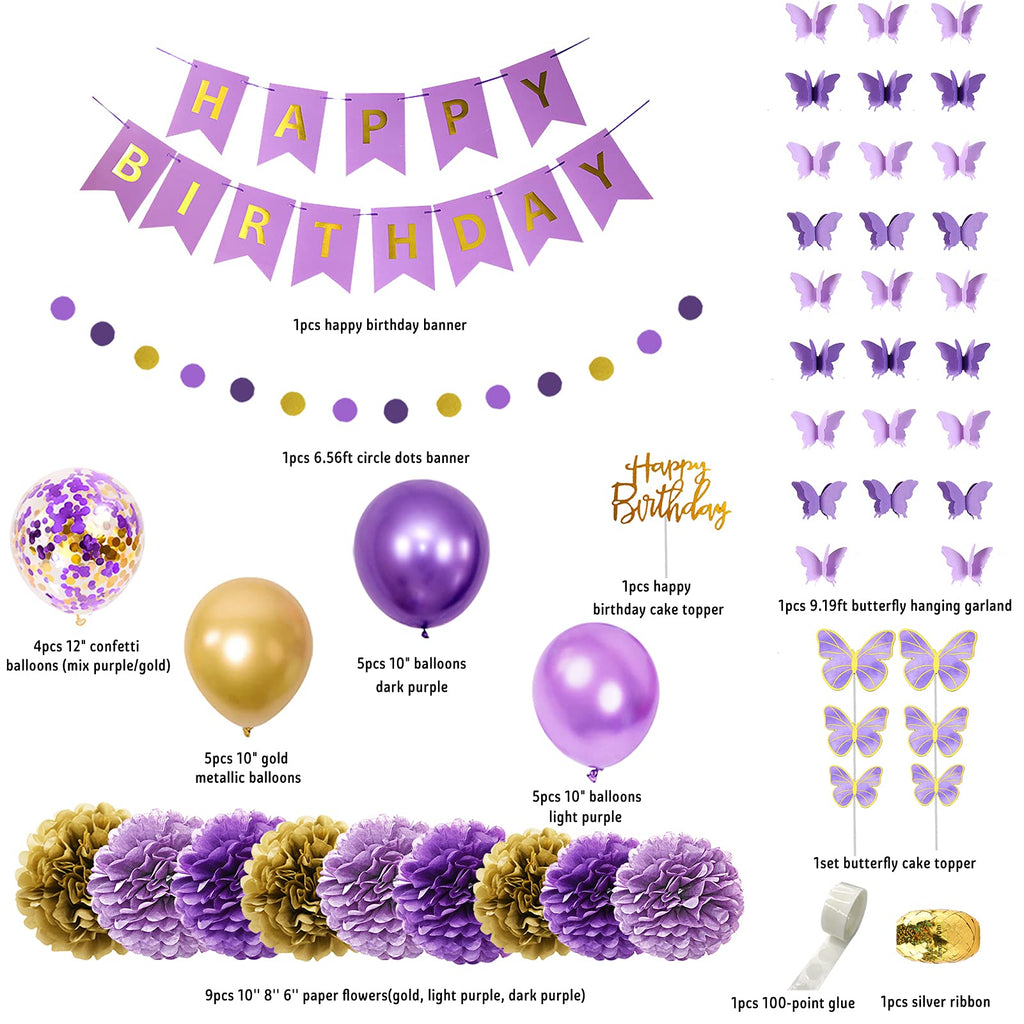 Ouddy Party Purple Birthday Decorations Kit – Butterfly Garland, Banner, Balloons