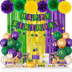 Ouddy Party Purple Green Decor Set – Confetti Balloons, Fringe Curtain & Birthday Banner
