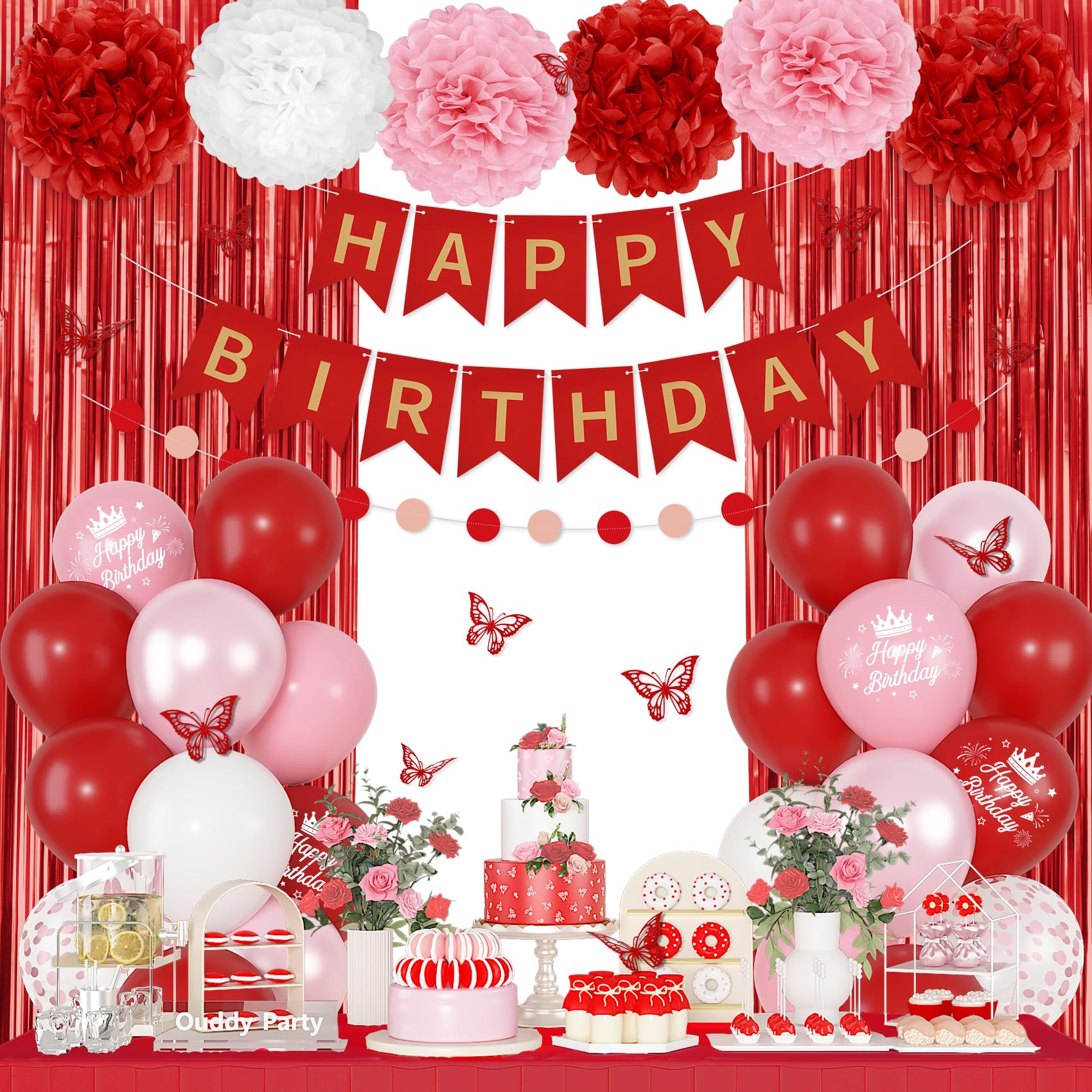 Ouddy Party Red Birthday Decorations – Confetti Balloons, Fringe Curtain, Banners & More