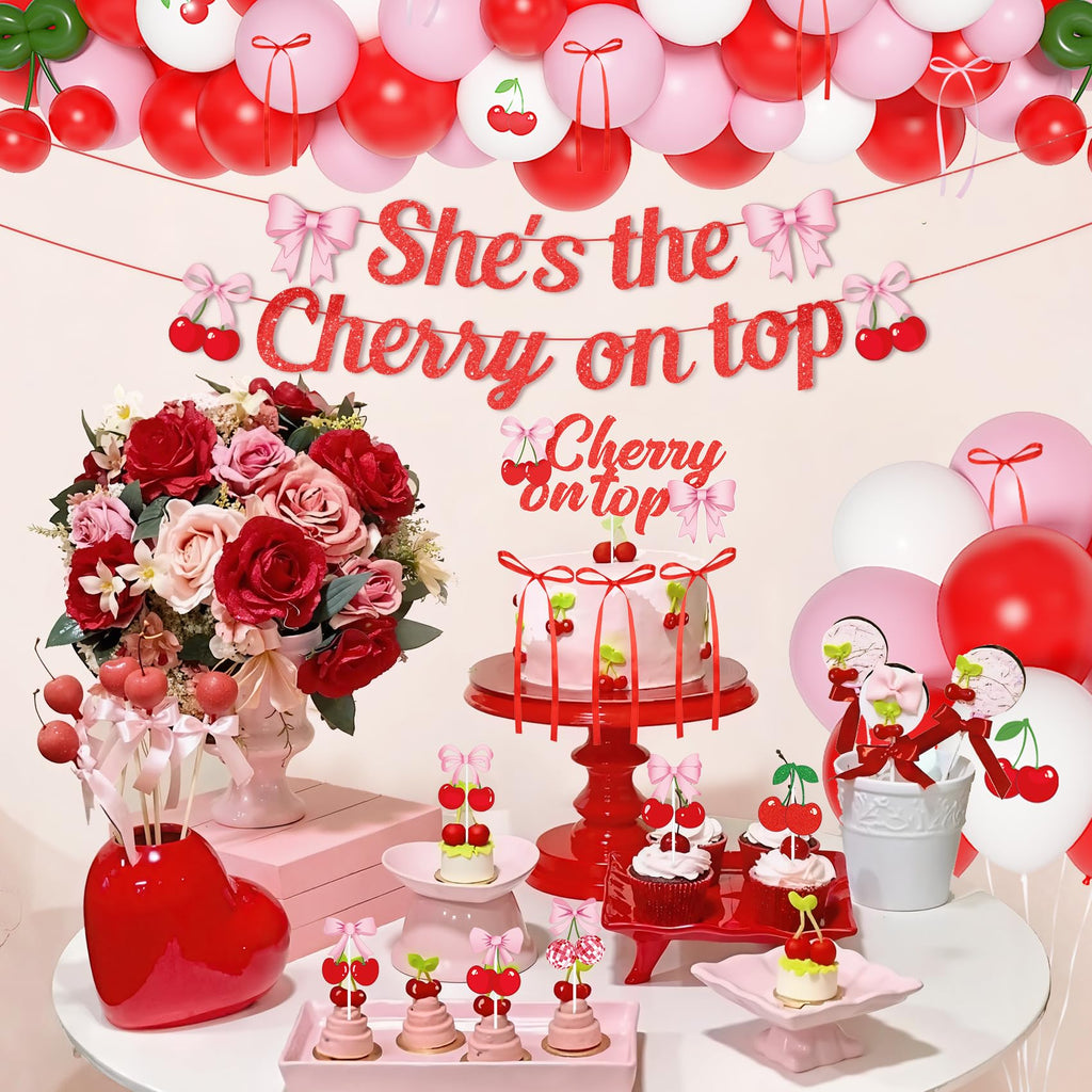 Ouddy Party Cherry Party Decorations – She's The Cherry On Top Banner, Balloons & Toppers