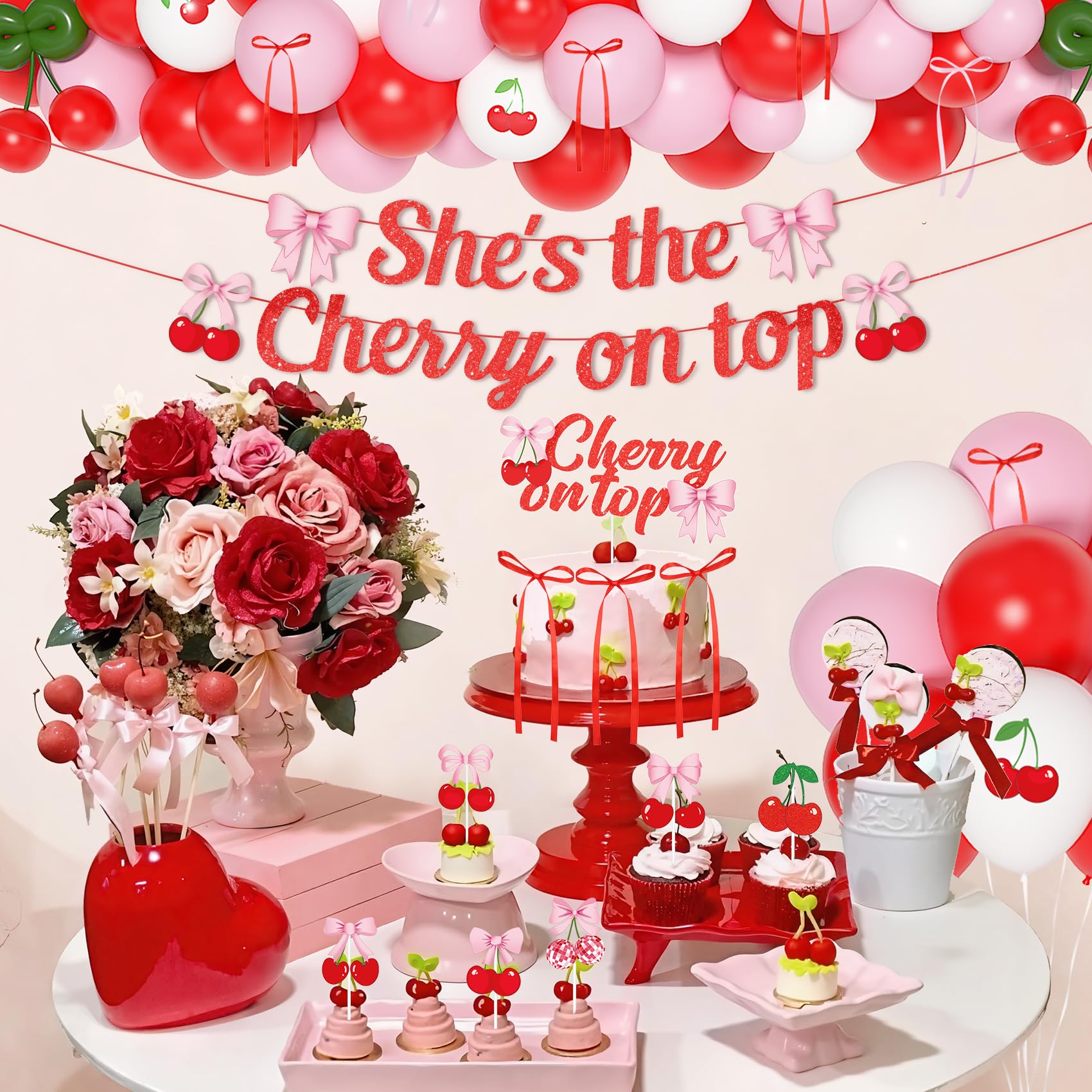 Ouddy Party Cherry Party Decorations – She's The Cherry On Top Banner, Balloons & Toppers