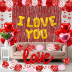 Ouddy Party Red Valentines Day Decorations Set – I Love You Banner, 1000 Rose Petals, Heart Balloons & Foil Curtain