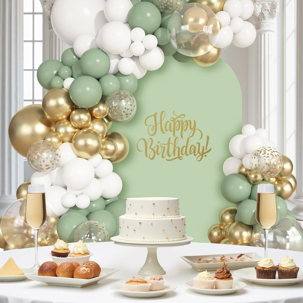 Ouddy Party Sage Green White Gold Balloon Arch Garland Kit – 149 Pcs + Confetti Balloons