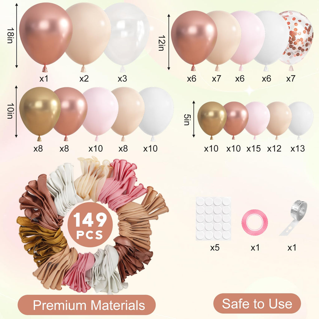 Ouddy Party 149Pcs Rose Gold Balloon Arch Garland Kit – 18in/12in/10in & 5in Balloons for Weddings & Parties