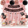 Ouddy Party Rose Gold & Black Birthday Decorations for Women & Girls | Balloons, Banners & Fringe Curtain