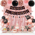 Ouddy Party Rose Gold & Black Birthday Decorations for Women & Girls | Balloons, Banners & Fringe Curtain