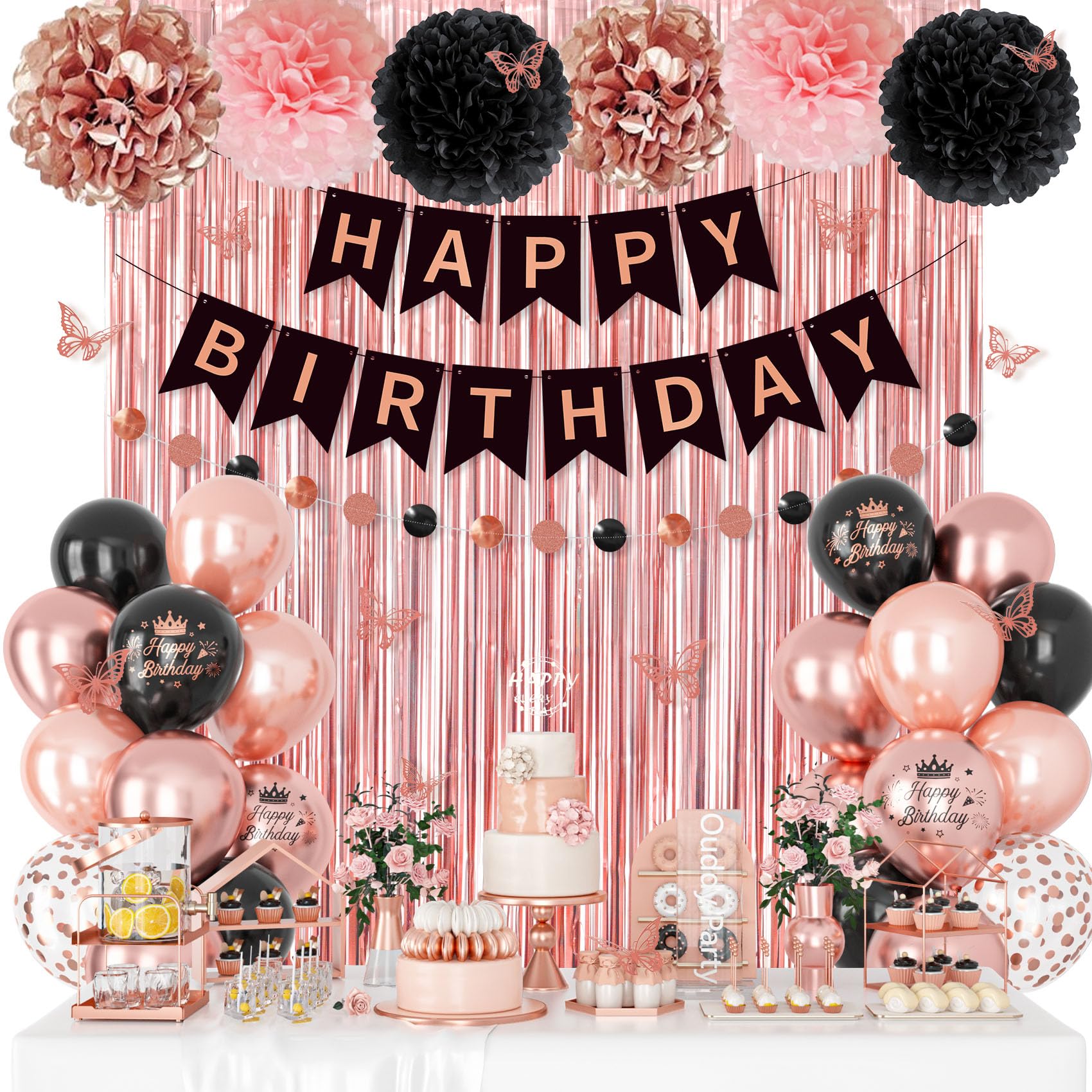 Ouddy Party Rose Gold & Black Birthday Decorations for Women & Girls | Balloons, Banners & Fringe Curtain